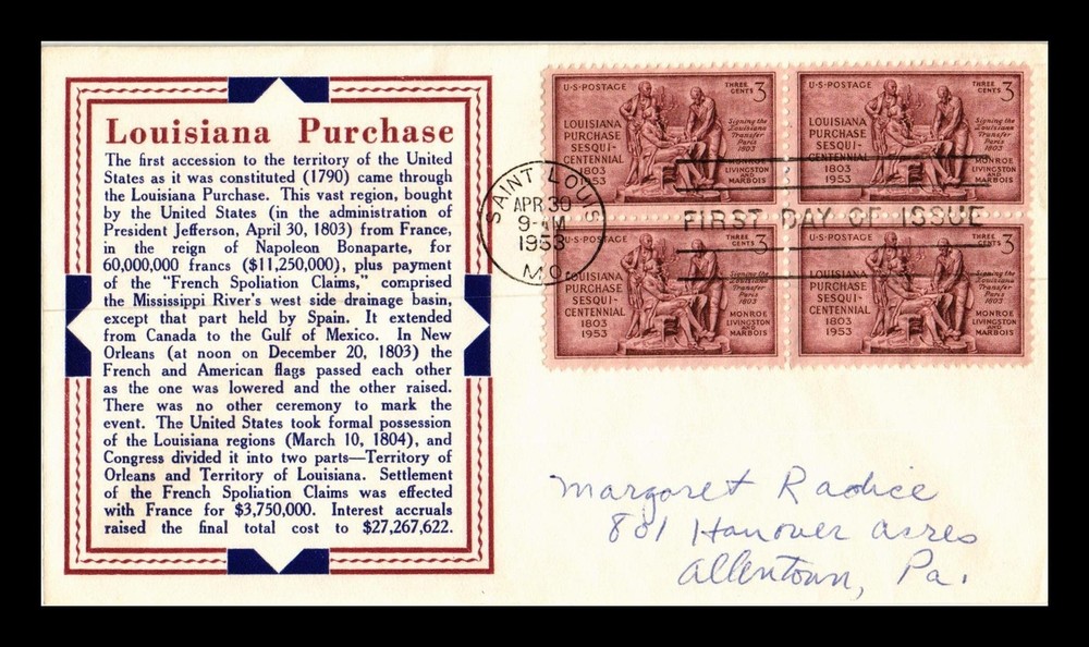 Dr Jim Stamps Us Cover Louisiana Purchase Sesquicentennial Fdc Block Of 4