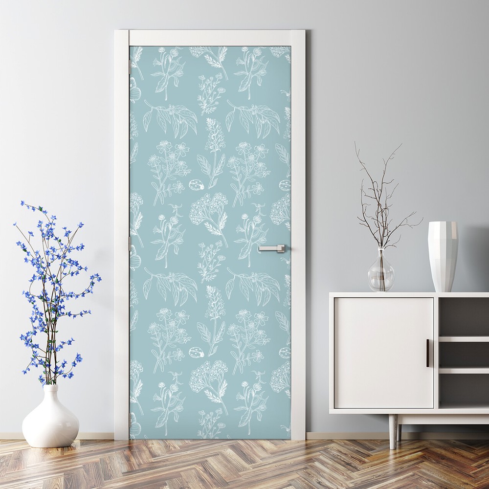 Floral white contour removable blue Door Decal Reusable self adhesive wallpaper