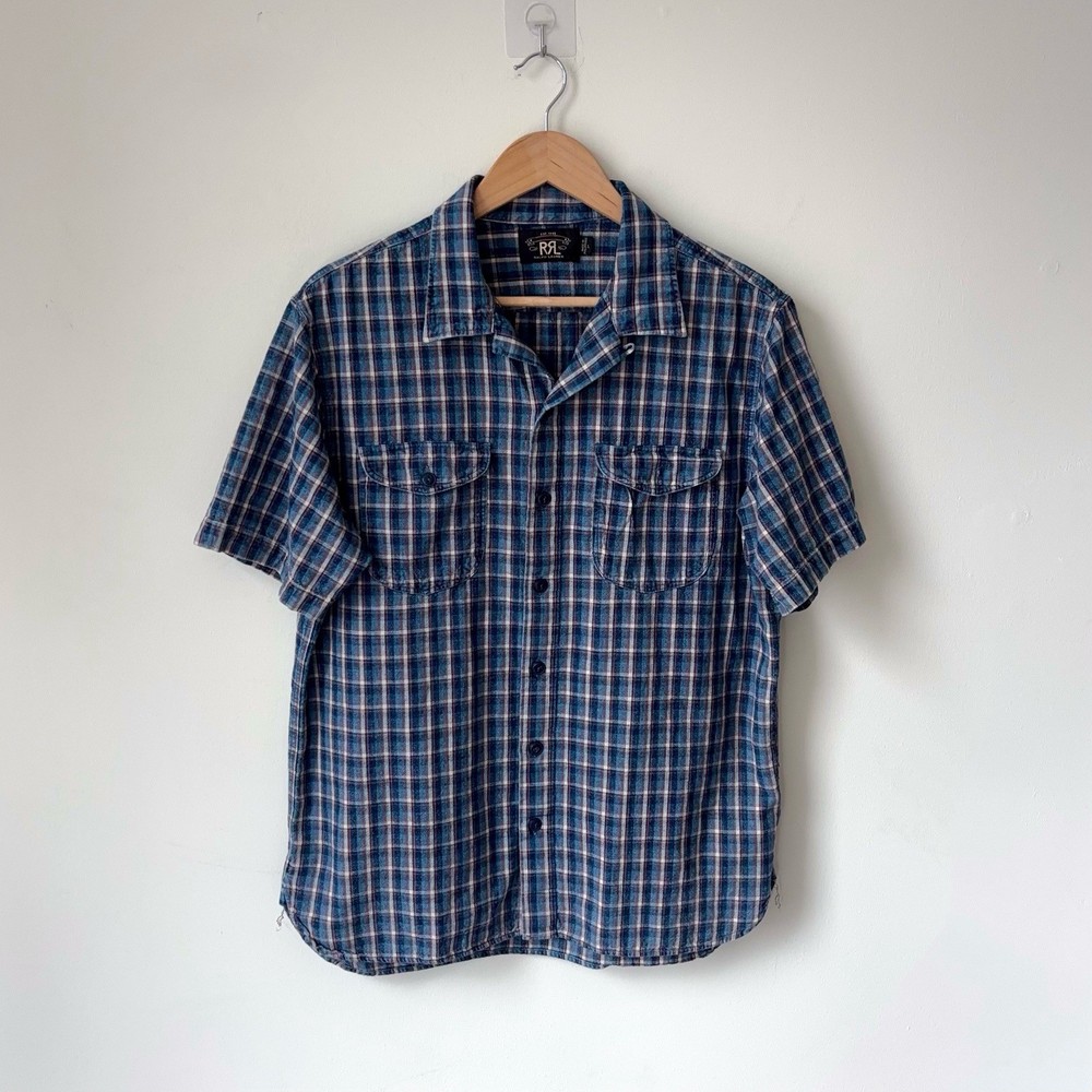 RRL Double RL Loop Collar Indigo Workshirt Men’s L Plaid Lightweight Cotton