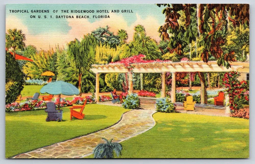 Daytona Beach FL~Tropical Gardens Of Ridgewood Hotel & Grill~Vintage Linen PC