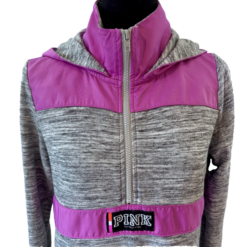 PINK Victoria’s Secret Half Zip Pullover Hoodie Logo Patch Gray Pink Size XS