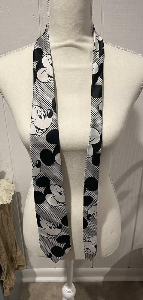 Vintage Disney Mickey Mouse CERVANTES Tie Black White Gray Made in USA