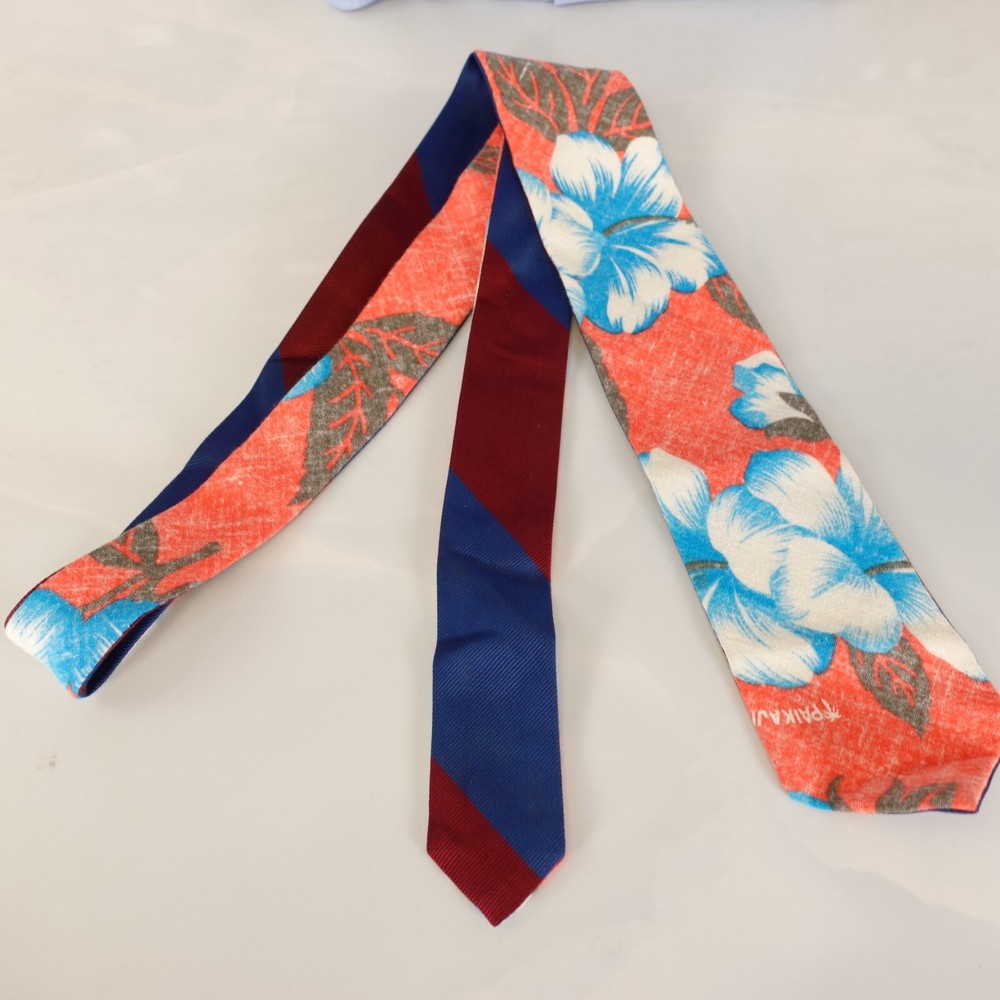 Fairfax Neck Tie Men Blue Red Striped Floral Repp Hawaiian Boho Aloha Reversible