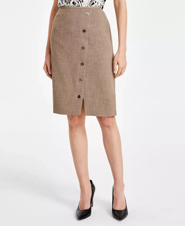 Kasper New Women's Snap-Detail Knee Skirt Cypress Grey Brown Size 12 $79