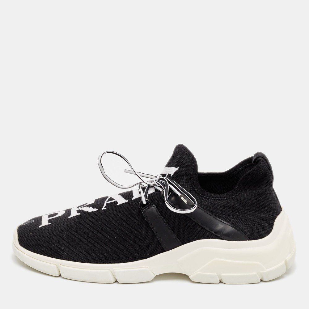 Prada Black XY Logo Knit and Leather Low Top Sneakers Size 38