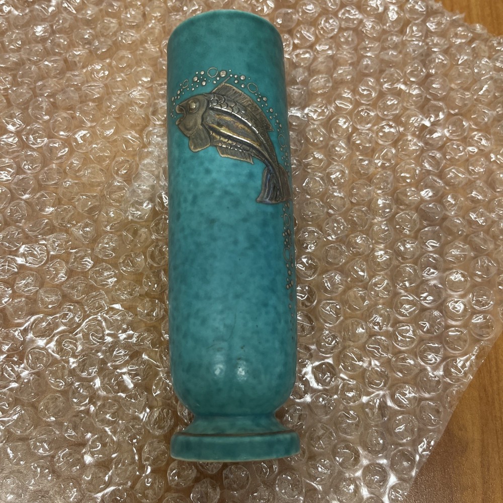 Vintage 1940s Gustavsberg Argenta Sterling Silver Fish Vase - Green Sweden 6”