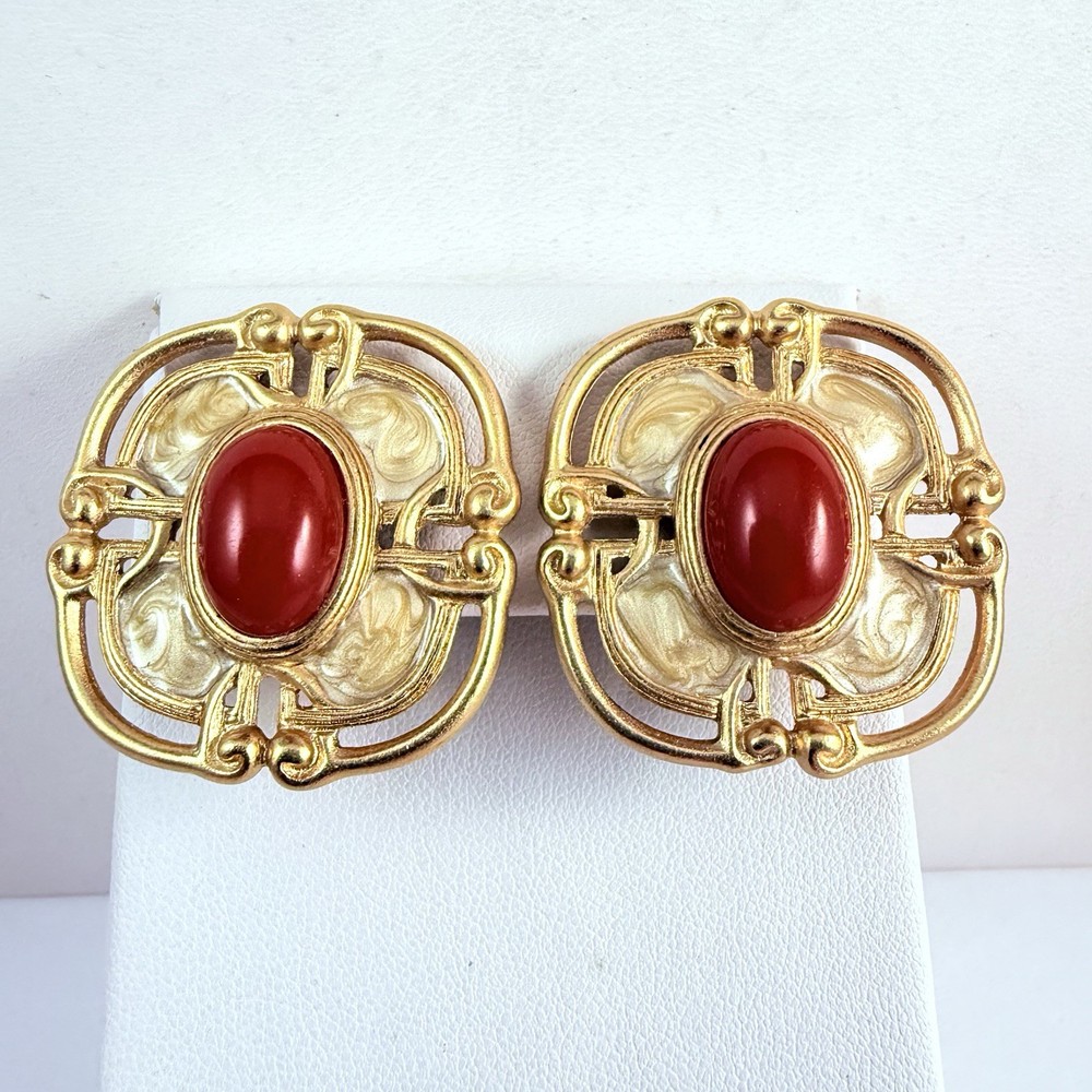 Vintage MONET  Red Cabochon Enameled Matte Gold Tone Clip on  Earrings