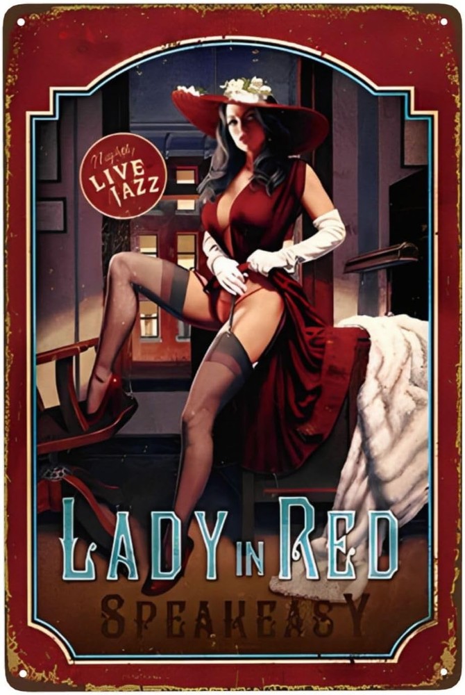 Lady in Red Pin-Up Speakeasy Retro 8 x 12 Inch Vintage Tin Metal Signs for Man