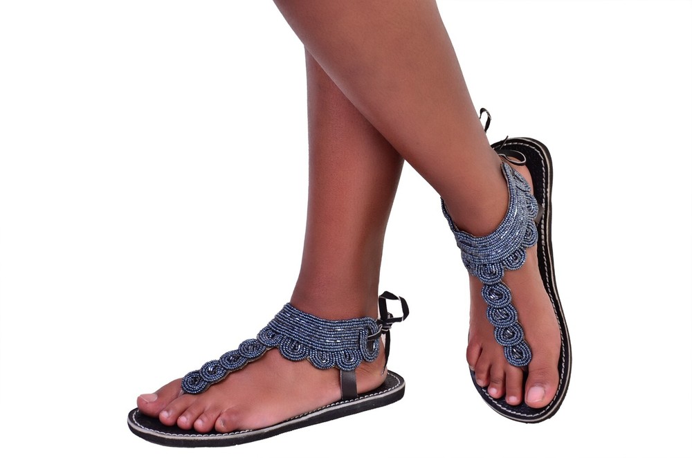 Beaded Women African Gladiator Sandals Bohemian Summer Leather Masai Kenyan Gray