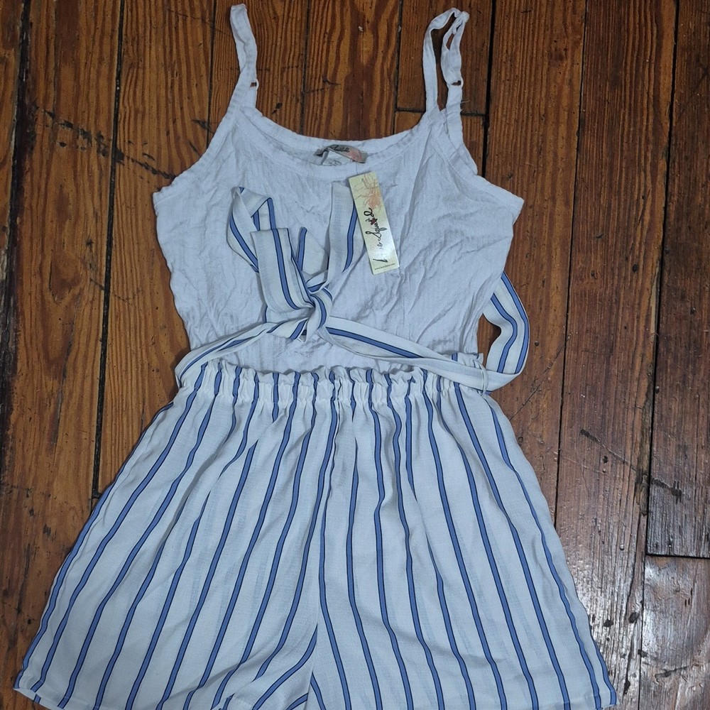 Love Squared White Blue Striped Sleeveless Wide-Leg Tie Waist Romper Size M