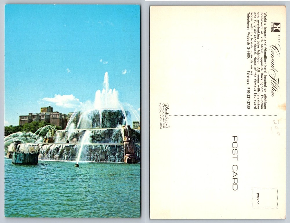 Vintage Chicago Buckingham Fountain & Conrad Hilton Hotel Plastichrome Postcard