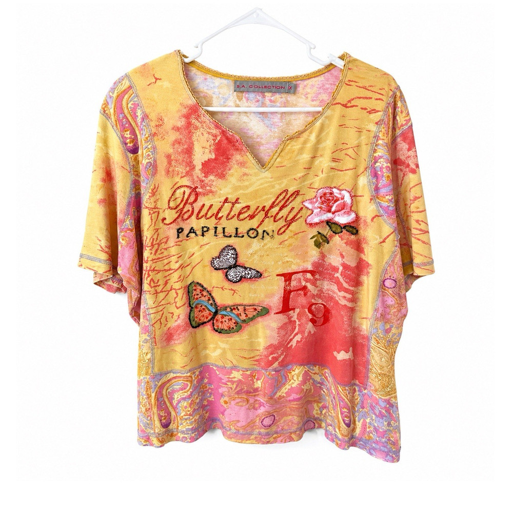 Boho Y2K Butterfly Paisley Relaxed blouse Cotton Top Embroidered Beaded Plus 1X