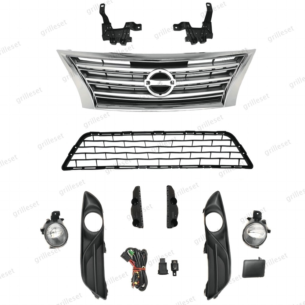 Bumper Upper Chrome Grille for Sentra 2013-15 with Lower Mesh and Fog Light Kit
