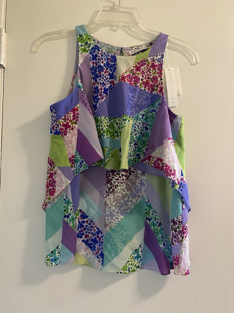 Trina Turk Blouse Womens XS Ruffle Floral Quilt 100% Silk Sleeveless - NWT