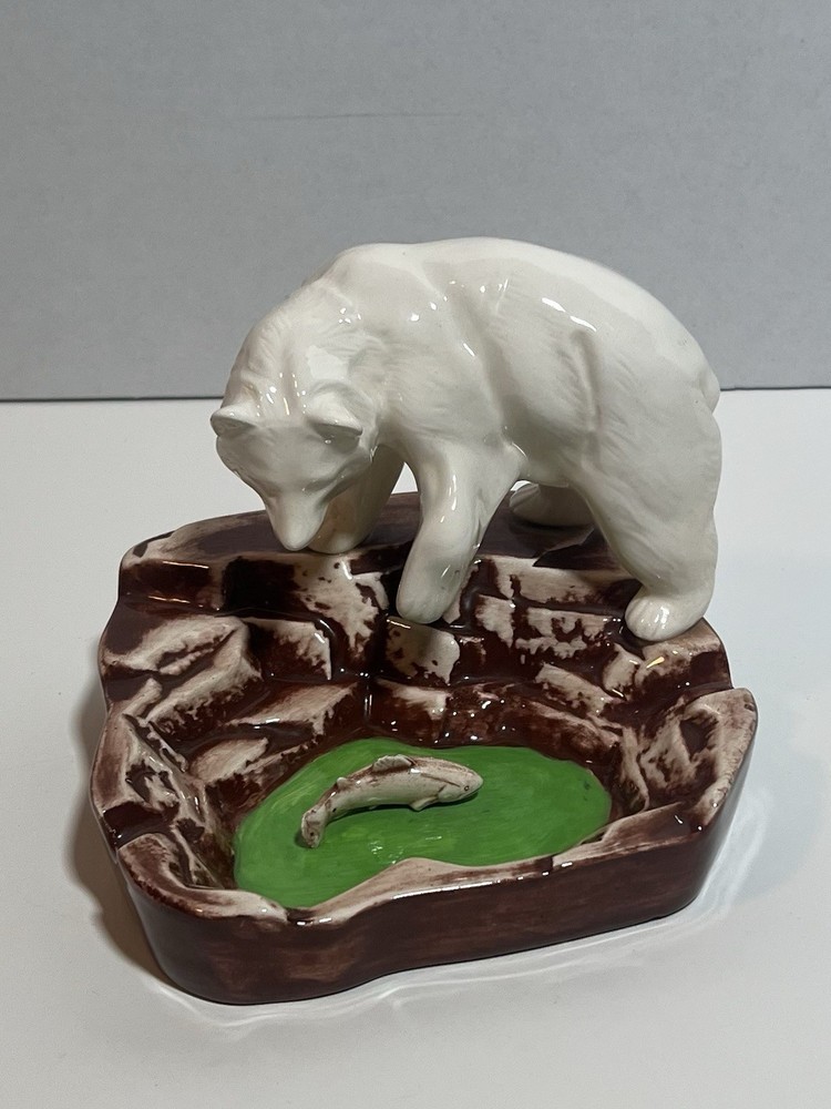 Vintage Polar Bear Catching Fish Ceramic Ashtray Trinket Dish MCM 70s Signed DM
