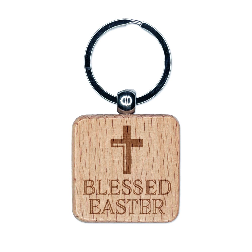 Easter Blessings Engraved Wooden Square Keychain Charm  