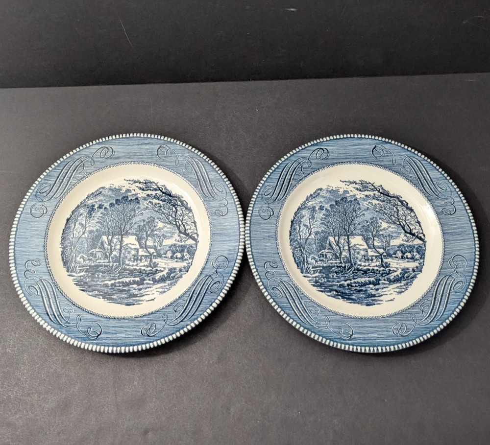 Currier and Ives Dinner Plates Blue Old Grist Mill Royal USA Set of 2 Lot D