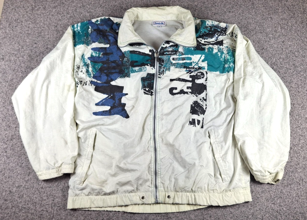 Vintage Reebok Jacket L Windbreaker 90s All Over Abstract Graphic Teal Blue Mens-image