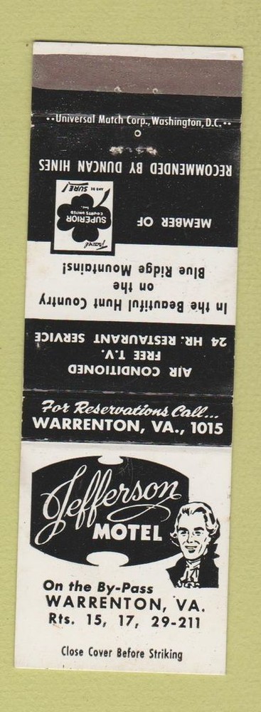 Matchbook Cover - Jefferson Motel Warrenton VA Thomas