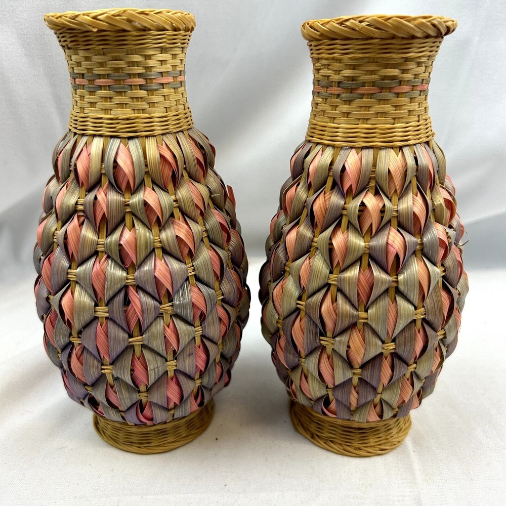 2 Wicker woven Flower Vases or Candle Holders Glass inside well done