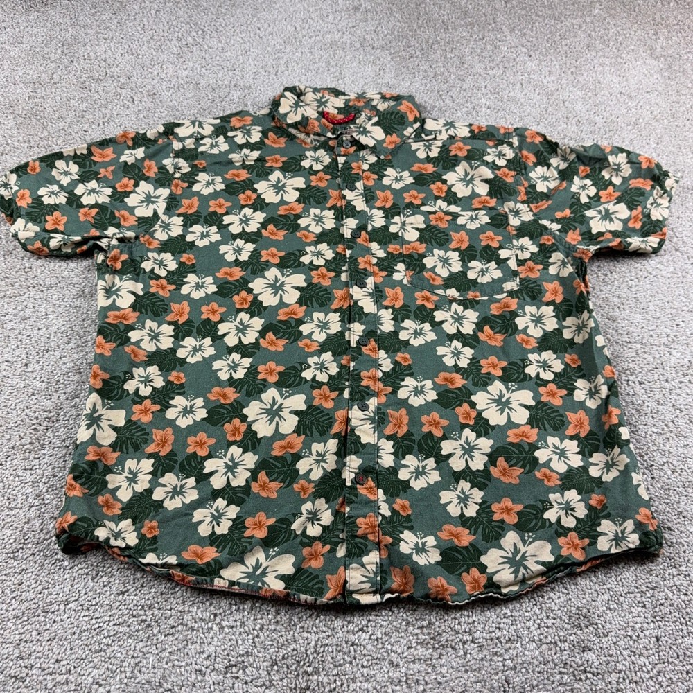 Iron & Resin Shirt Mens XXL 2XL Green Floral Button Up Hemp Blend Beach Surf
