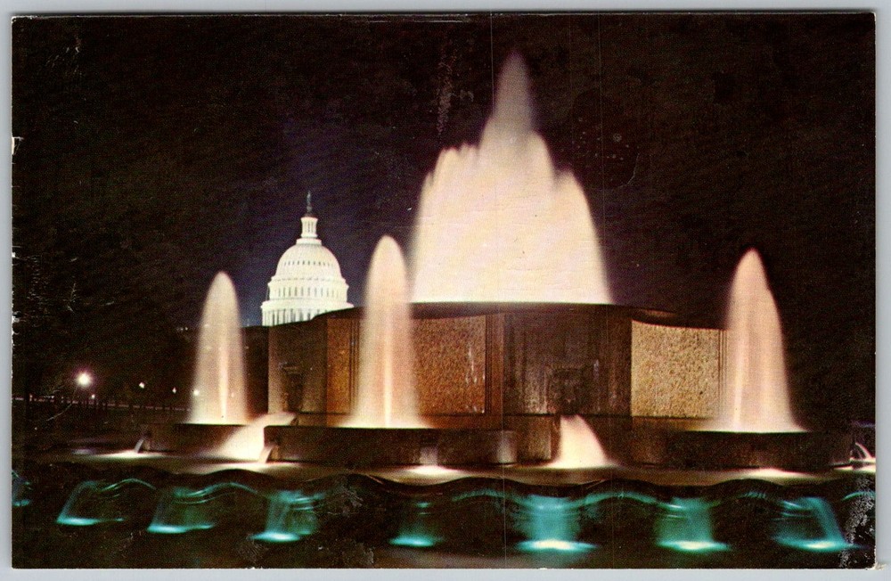 Vtg Postcard Capitol Fountain Night Washington, DC 1950s