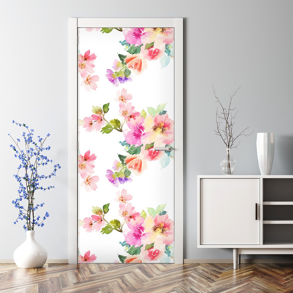 Delicate Watercolor Flower and Leaf Bubble-Free Door Decal Sticker