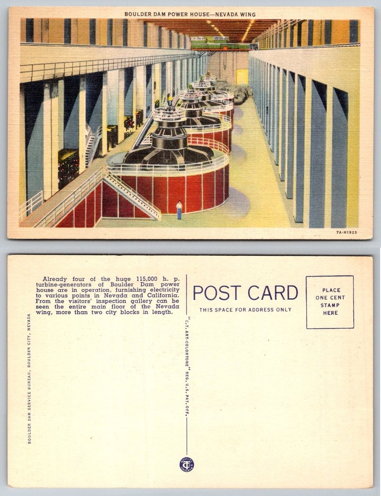 Boulder Dam Power House Nevada Wing Linen Postcard 1930s C.T. Art-Colortone