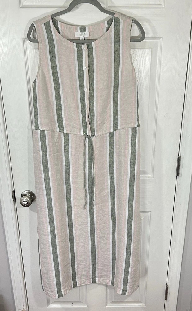 100% Linen Dress Women’s Size Large Charter Club Luxury Pockets Striped