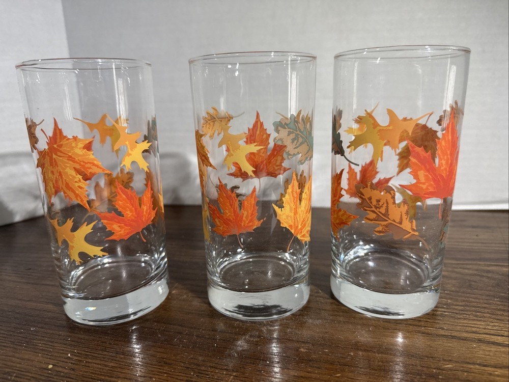 Vintage Libbey Crisa Fall Leaves Glasses Set of 3 Autumn Leaf Tumblers