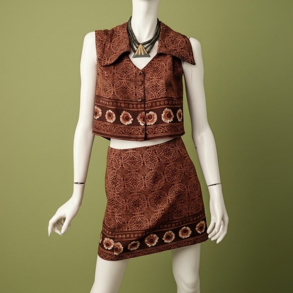 Vintage 90s La Belle Matching Skirt And Tank Set Floral Geo Pattern Boho Size S