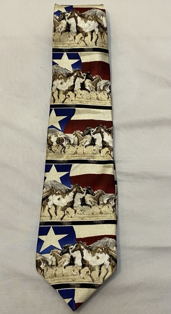 VTG 1999 Rockmount Ranch Wear Silk Tie Horses W/ Flag Stripe Texas Western USA