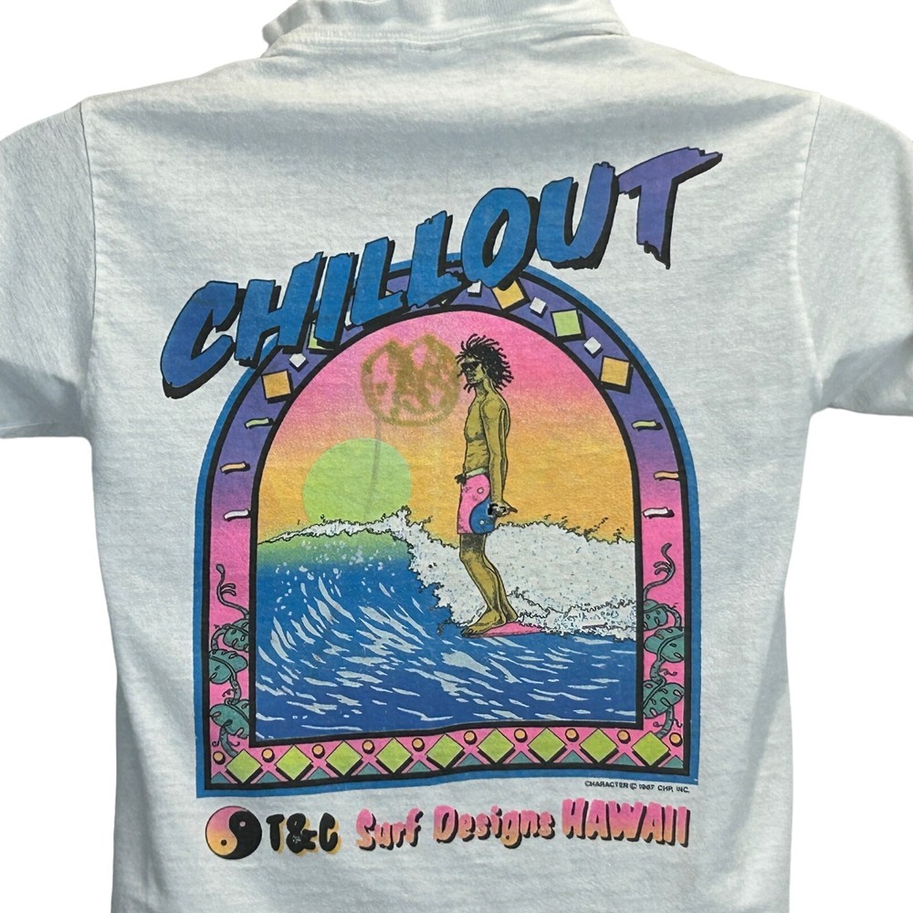 Vintage 80s T&C Surf Designs T Shirt Surfer Surfing USA Made White XS X-Small