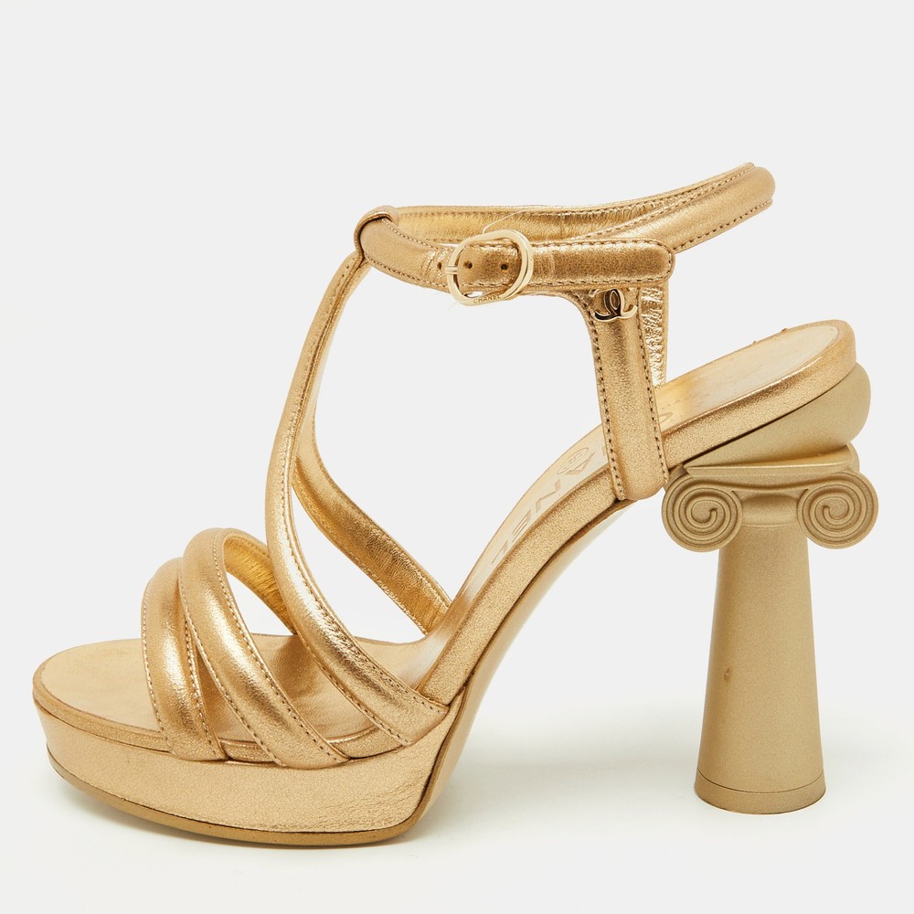 Chanel Gold Leather Parthenon Column Platform Sandals Size 36