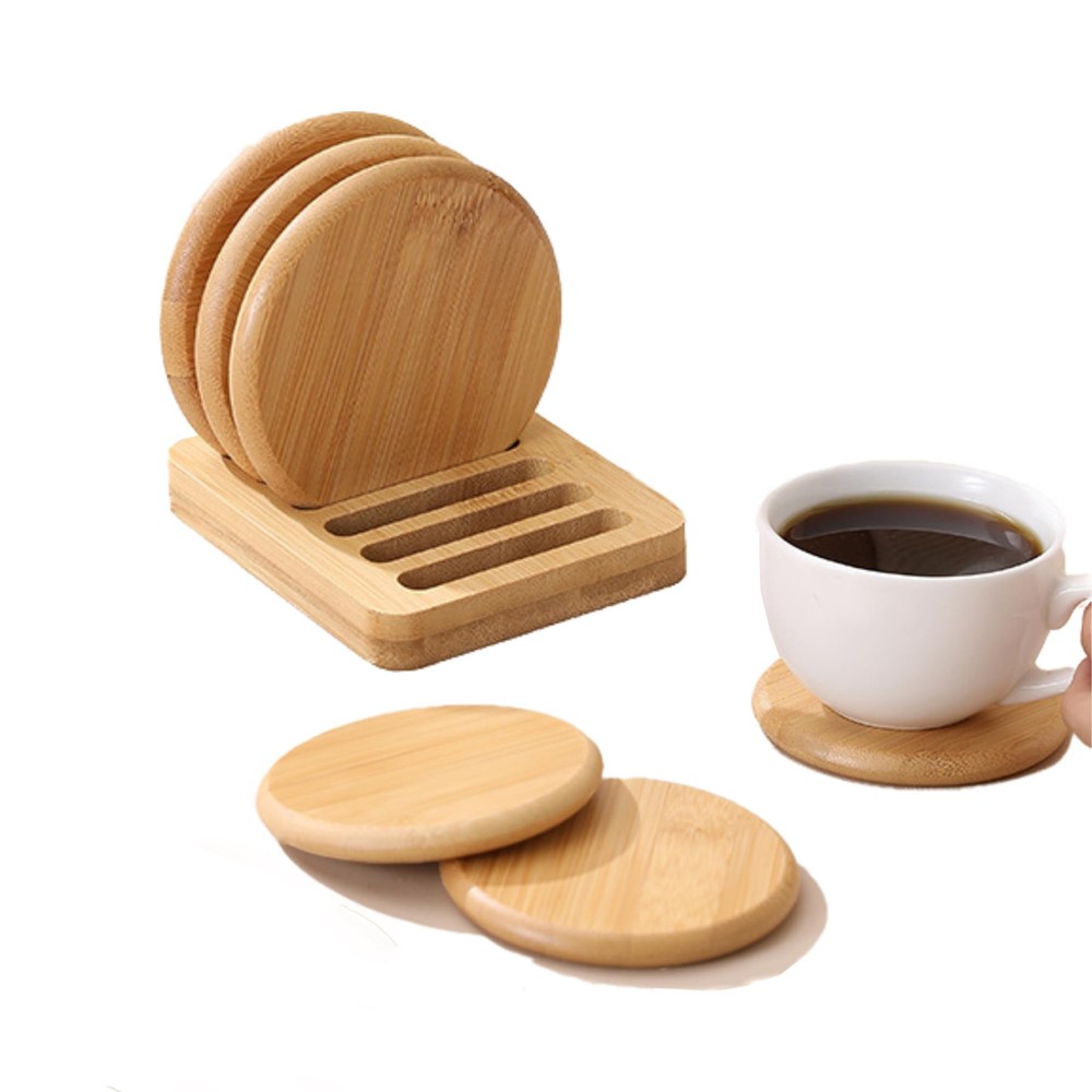 Juego de posavasos 6 piezas soporte incluido, posavasos de café de bambú natural, posavasos de cerveza...