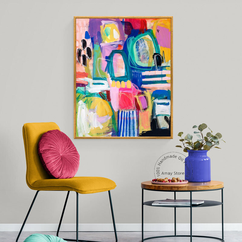 Color Block Graffit Hand Painted Abstract Thick Oil Painting On Canvas For Decor