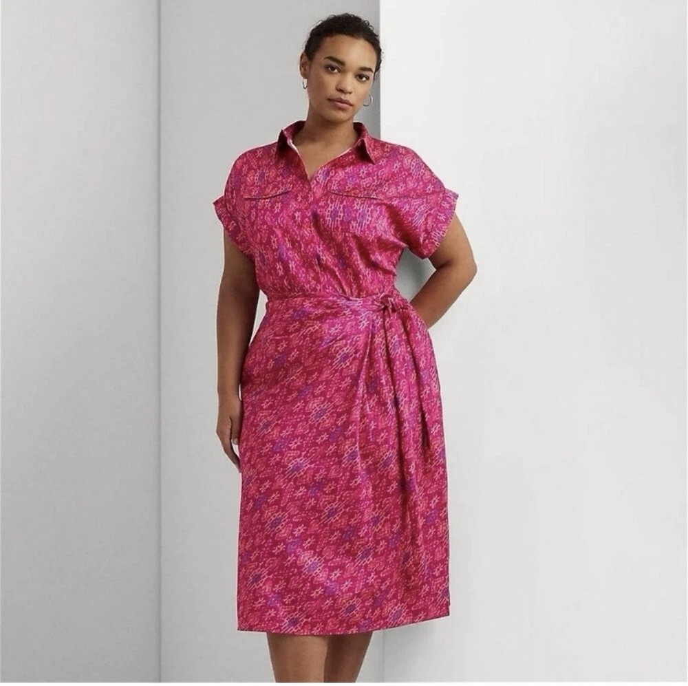 NWT New $225 Ralph Lauren Pink Geo-Print Shantung Tie-Waist Dress Size 16W