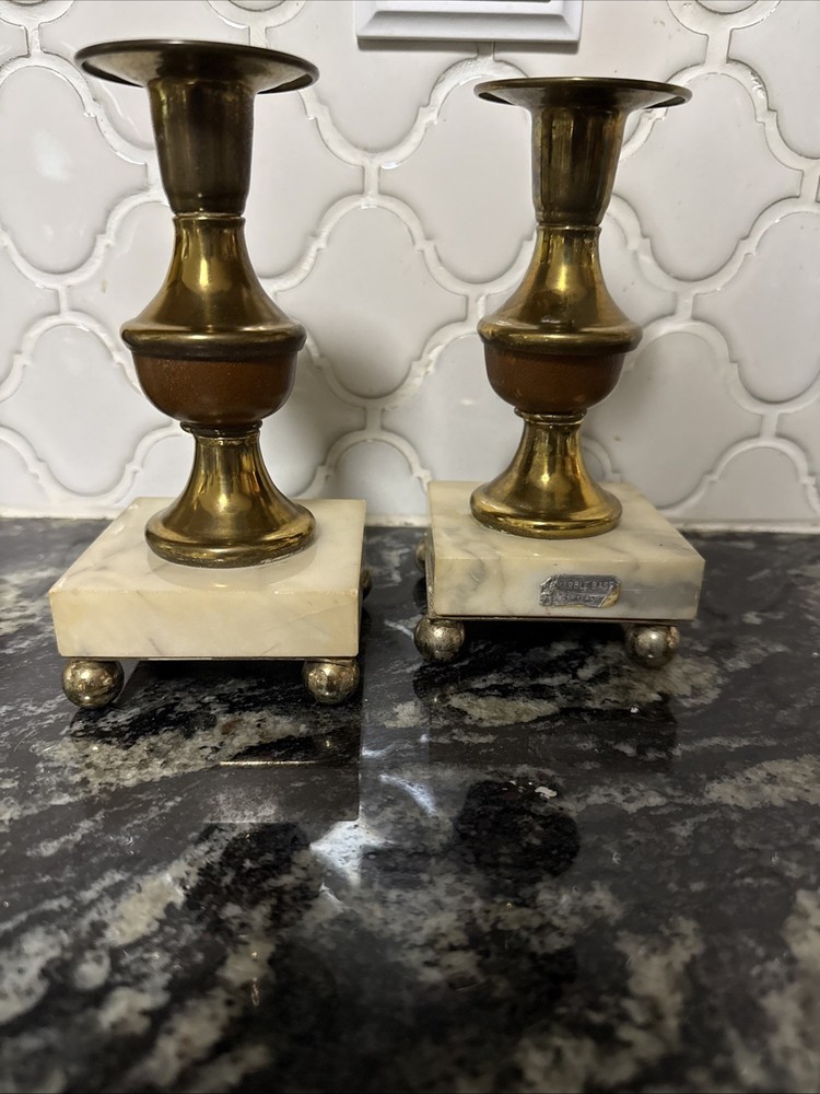 Italian Brass Candlesticks With Italian Marble Base Set Of 2