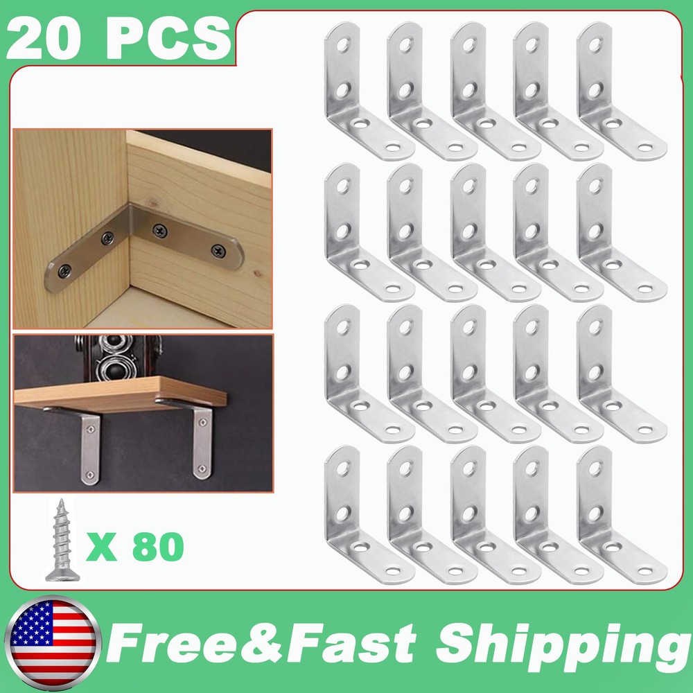 20 X L-Shaped Bracket Corner Brace Silver Stainless Steel Right Angle w/ Screws