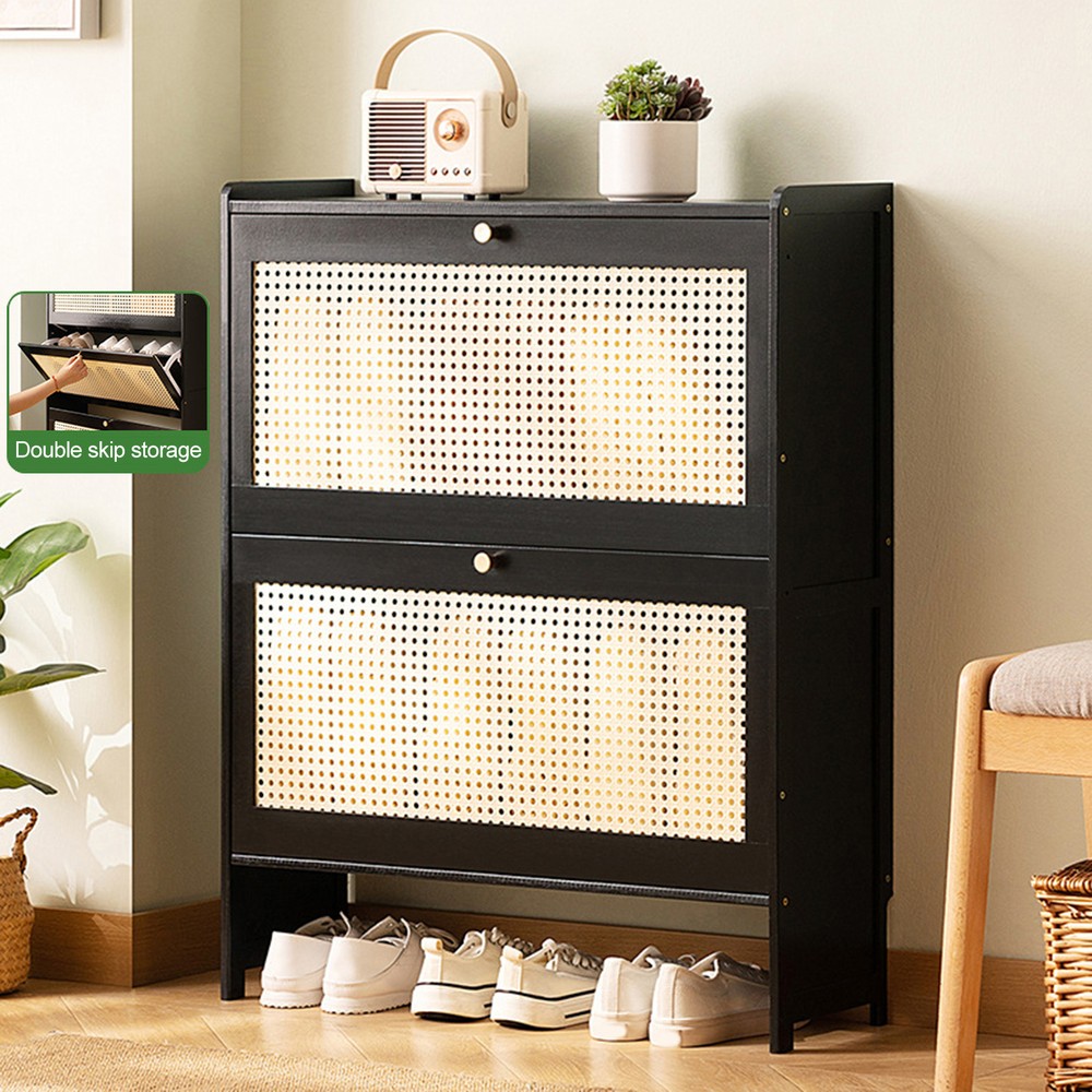Shoe Cabinet with 2 Natural Rattan Doors Large Capacity Shoe Storage Rack