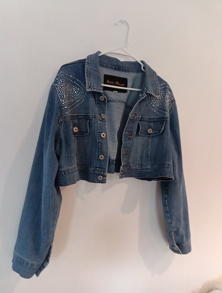 Ashley Stuart Great Women Of Style Sz 2x Rhinestone Denim Crop Jacket 29w X 16 L