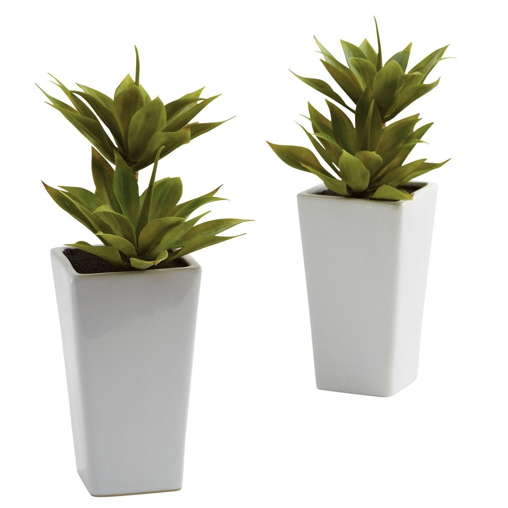 Agave Tropical Plant Set of 2 Artificial Silk Fake Arrangement with White Pot