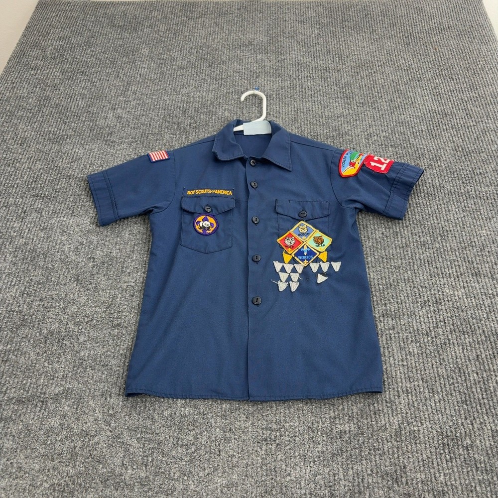 Vintage Boy Scouts of America Shirt Youth M Blue Poly Cotton Patches Uniform
