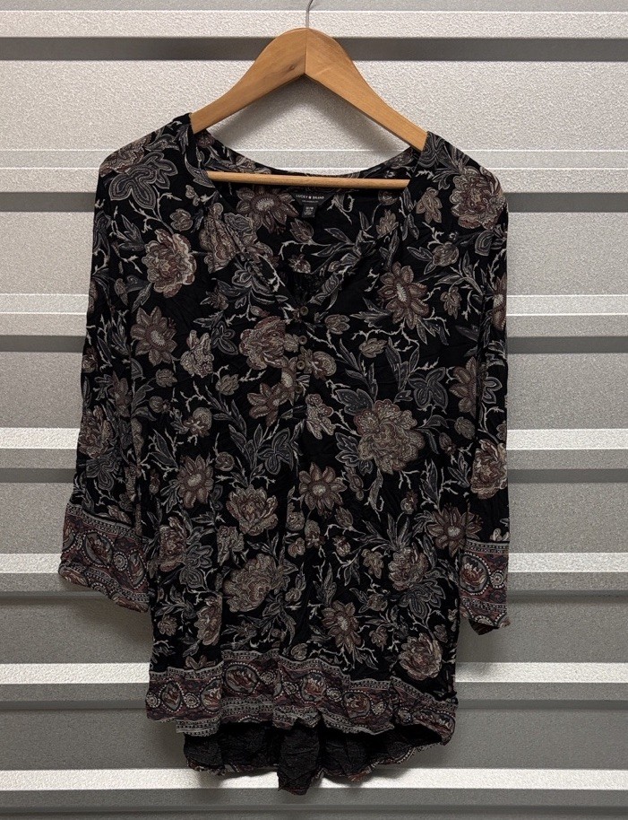 Lucky Brand Women’s Paisley Floral Henley Blouse Plus Size 1X BOHO Artsy Casual
