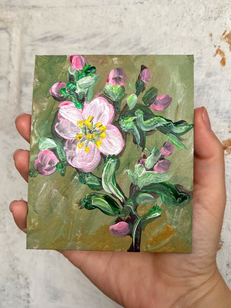 Apple Blossom Acrylic Painting Apple Tree Blooming Flowers Branch Leaves Art 4x5