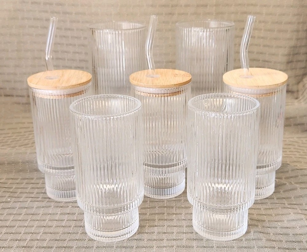 Set of RIBBED DRINKING Glass Tumblers, Bamboo Lids and Glass Straws
