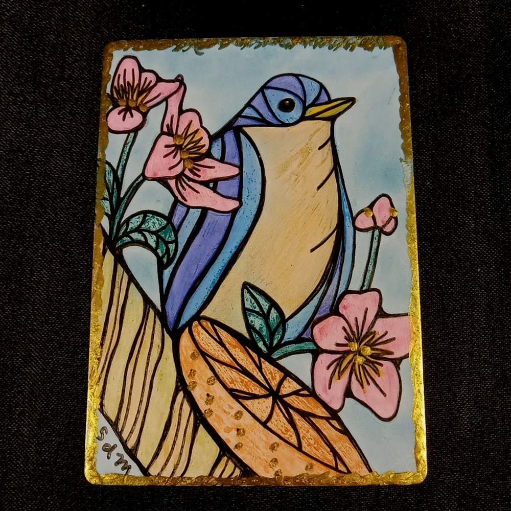 ACEO Original Art Card Birds Breakfast Folk Art Pen Ink Signed Sabrina de Man
