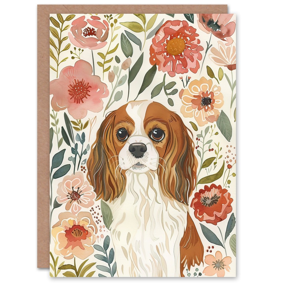 Greeting Card Cute Cavalier King Charles Spaniel in Wildflowers Birthday