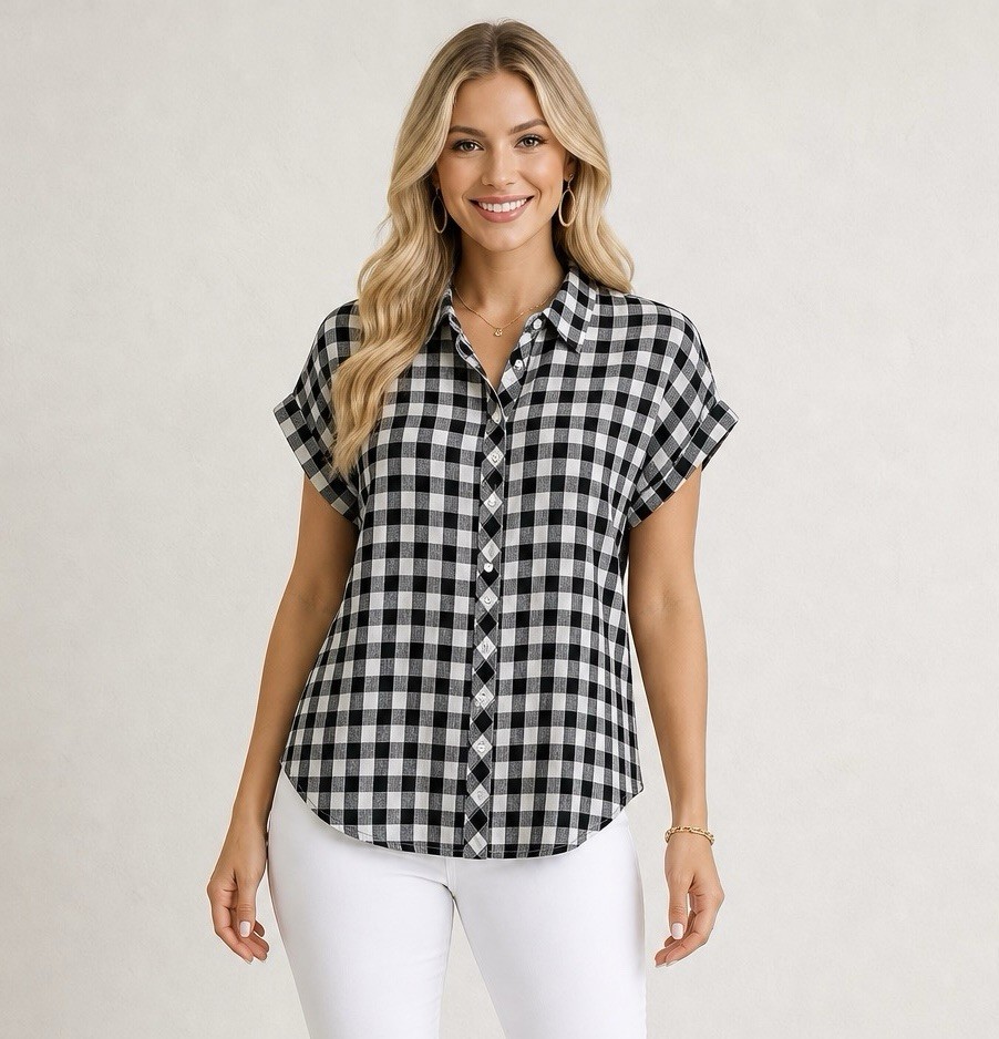 Womens Black Buffalo Plaid Cap Sleeve Top Size Large Button Front Summer Chic