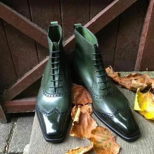 Mens Handmade Dark Green Leather Oxford Toe High Stylish Ankle Boots